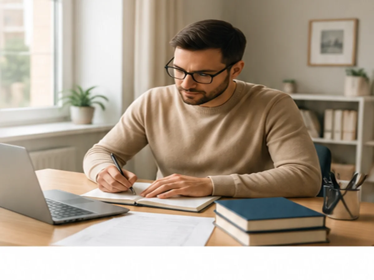 Persona adulta che organizza la ripresa degli studi