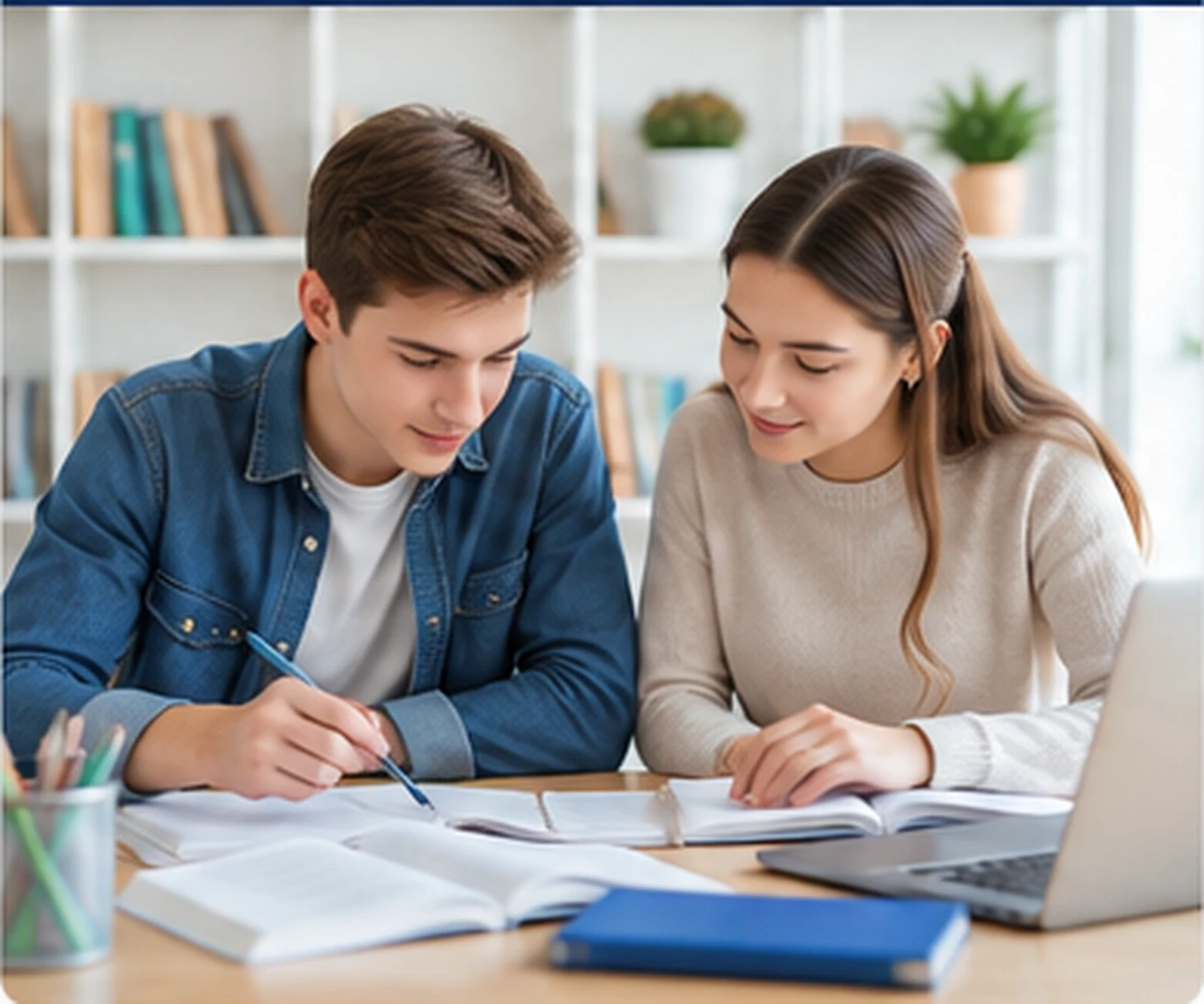 Studenti che confrontano materiali di studio e documenti scolastici
